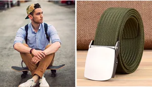 Detail van de legergroene nylon riem met zilveren matte gesp op rustieke achtergrond