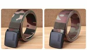 Detailed comparison of camouflage tactical nylon belts with matte plastic buckle closure