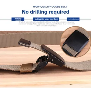 Detail of khaki woven nylon belt with high-strength black YKK buckle and holeless design