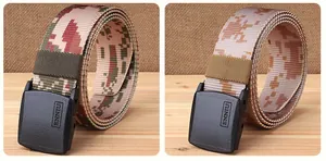 Close-up of jungle and desert camouflage nylon belts with high-strength plastic buckles