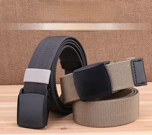 Detail of woven elastic belts with YKK buckle in dark grey and khaki polyester