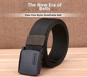 Detail of army green nylon breathable tactical belt with black matte buckle