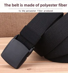 Detail of durable black woven polyester belt strap and matte plastic YKK buckle