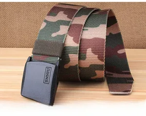 Close-up of camouflaged nylon tactical belt with a durable black plastic buckle