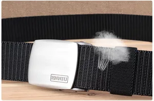 Breathable black nylon tactical belt with a brushed silver buckle and branding