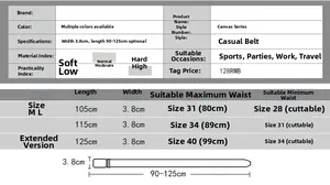 Size chart for braided stretch belt showing widths 3.8cm and lengths up to 125cm