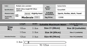 Detailed size chart for men canvas belt showing length options from 105cm to 125cm