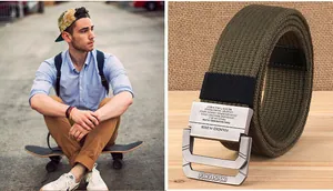 Detailweergave van legergroene canvas riem met dubbele ringgesp en lifestyle model foto