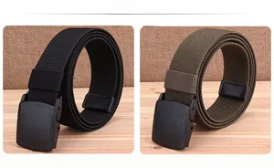 Detail view showing black and army green woven tactical belts with YKK plastic buckles