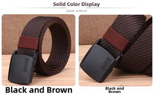 Detail view of durable nylon canvas belt with black and coffee stripes and YKK plastic buckle