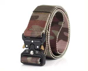Close-up of camouflage nylon tactical belt with a heavy-duty quick-release metal buckle