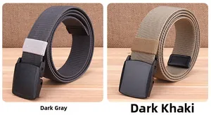 Detail of durable woven nylon belts in dark gray and dark khaki with plastic buckles