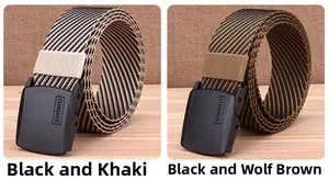 Detail of nylon woven belts in Black/Khaki and Black/Wolf Brown with plastic buckle