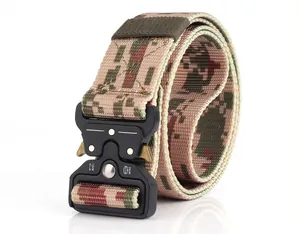 Macro view of digital pink camo nylon tactical belt with metal quick-release 24kN buckle