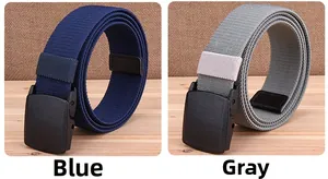 Close-up of blue and gray woven stretch belts with durable plastic YKK style buckles