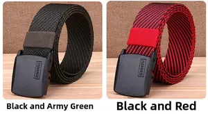 Detail of two nylon tactical belts in black/army green and black/red with YKK buckles