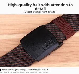 Close-up of brown and black woven belt with matte black YKK non-metal plastic buckle