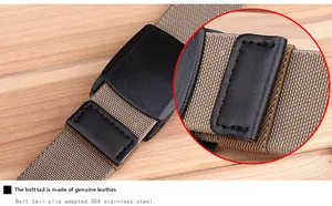Detail of khaki nylon belt tail with black leather finish and 304 stainless steel clip