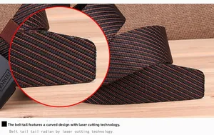 Detail of laser-cut rounded edge and diagonal stripe weave on nylon canvas belt