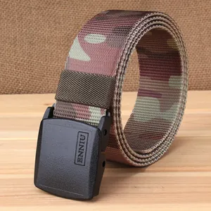 Outdoor tactical nylon camouflage belt with a smooth matte plastic buckle on wood background