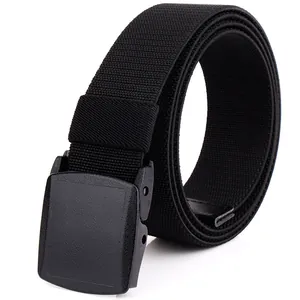 Men's black woven elastic belt with YKK plastic buckle on a clean white background
