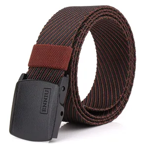 Men's casual canvas belt with coffee striped nylon webbing and black YKK plastic buckle