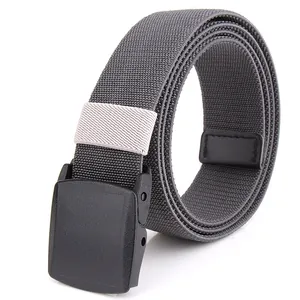 Detail of dark grey elastic braided belt with black matte plastic YKK buckle for men