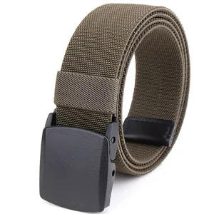 Army green woven nylon stretch belt for men featuring a matte black flat buckle