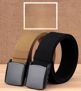 Tactical nylon belts in black and khaki with matte YKK buckles on a rustic burlap background