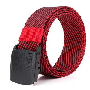 Close-up of red and black striped canvas belt with durable matte black plastic YKK buckle