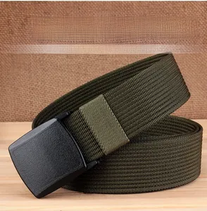 Close-up of army green nylon belt with black plastic YKK buckle on rustic wood background