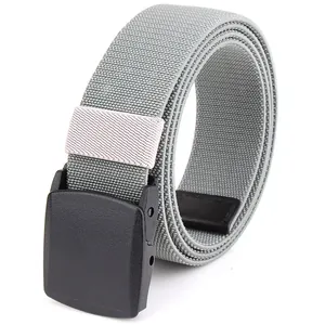 Detail of grey braided elastic belt with a black YKK plastic buckle and loop fastener