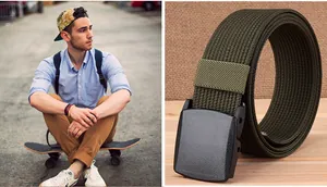 Close-up of army green nylon belt with black YKK buckle shown in an outdoor lifestyle setting