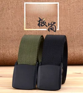Detail of high-density nylon tactical belts in army green and black with YKK plastic buckles