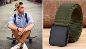 Detail of olive green nylon tactical belt with matte black YKK buckle and lifestyle view