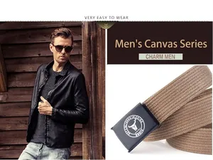 Detail eines khakifarbenen Nylon-Stoffgürtels mit schwarzer Metallschnalle im Outdoor-Stil