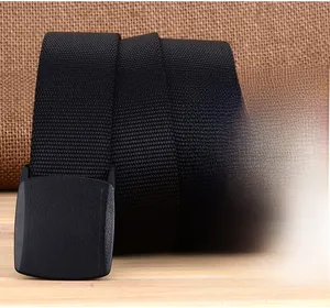 Detailed view of black nylon tactical belt with high-density weave and matte YKK buckle