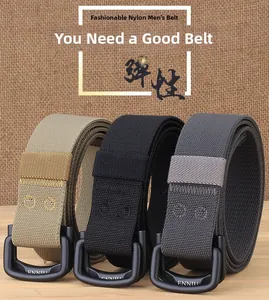 Close-up of elastic nylon belts in beige, black and gray with matte double ring buckles