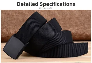 Detailed view of black nylon tactical belt with YKK plastic buckle on rustic burlap