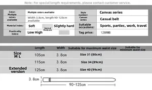 Size chart showing width 3.8cm and length 90-125cm for nylon tactical canvas belts