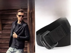 Close-up of black elastic nylon belt with metallic double D-ring buckle for men