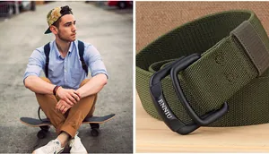 Detail of army green elastic nylon belt with black double ring buckle and lifestyle view