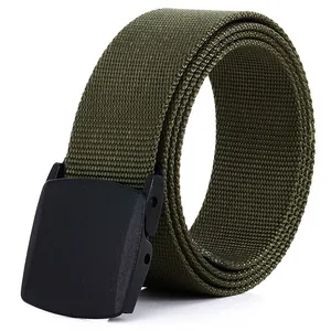 Army green nylon tactical belt with matte black YKK buckle on white background