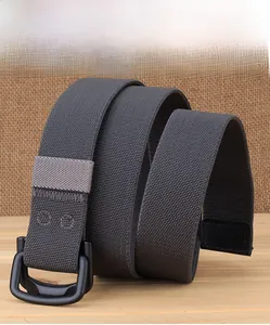 Detail view of dark grey elastic nylon belt with black metal double ring buckle