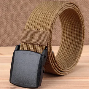 Tactical nylon belt with YKK flat buckle and khaki woven strap for outdoor activities