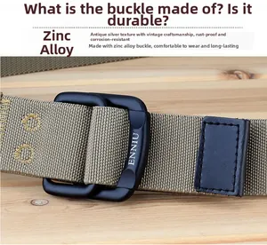Close-up of military green nylon elastic belt with matte black zinc alloy double ring buckle