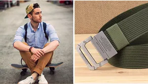 Détail de la ceinture en nylon vert armée montrant la boucle métallique et le tissage durable