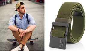 Gros plan sur une ceinture tactique tressée vert militaire avec boucle en alliage mat