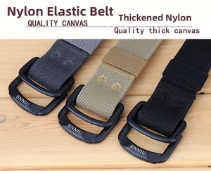 Close-up of elastic nylon belts with double D-ring buckles in black, grey, and khaki colors