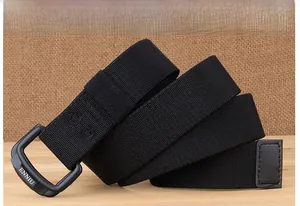 Detail of black elastic nylon belt with anti-allergy matte metal buckle and leather end